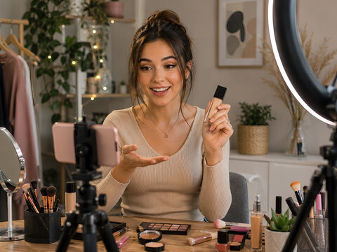A smiling woman demonstrates makeup application at a light wood desk. High-resolution photograph of a woman engaged in what appears to be a makeup tutorial or demonstration.