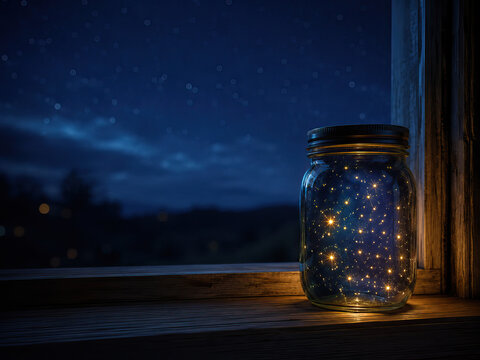 Realistic photograph that captures a serene night scene. It features a clear glass jar filled with numerous small, bright stars scattered throughout its interior.