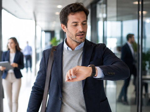 A focused portrait of a businessman in a modern office. High-resolution photograph capturing a moment businessman looks at his wristwatch.