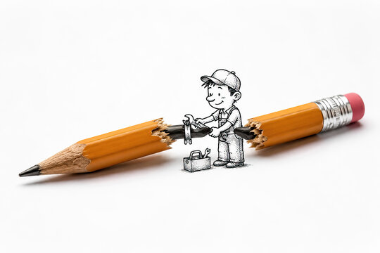 A whimsical digital artwork portrays a young boy repairing a broken graphite pencil. The boy is drawn with simple lines and minimal detailing, using black ink on a white background.