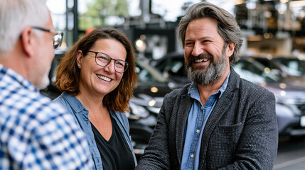 Fototapeta premium Friendly group of people having a cheerful conversation at a car dealership with buying a car