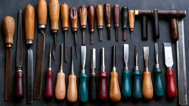 A collection of woodworking chisels and hand tools with wooden and colored handles arranged neatly on a dark surface