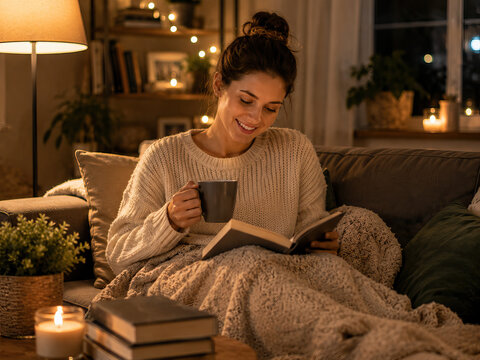 A woman relaxes with a book on a plush velvet couch during a quiet evening. Photograph that captures a serene moment of relaxation.
