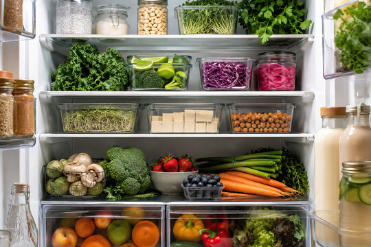 A bright, inviting open refrigerator showcases a vibrant assortment of fresh produce. The refrigerator shelves are neatly organized, showcasing a variety of fruits and vegetables.