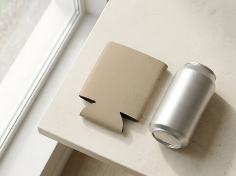 Blank beige koozie mockup with an aluminum beverage can placed on a neutral table near a bright window surface