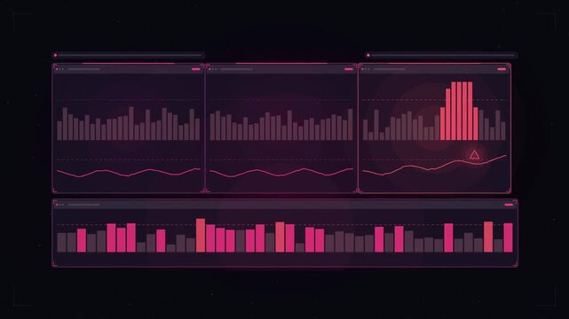 Abstract animated predictive maintenance curves crossing drawn as coral and magenta lines and shapes on a deep dark background. Seamless looping 4K motion graphics video with free space for text, idea