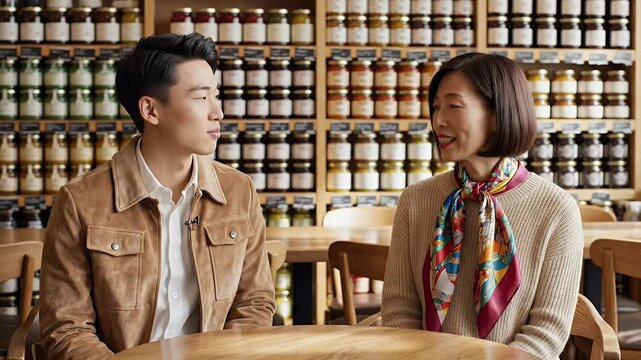 Asian Couple in Casual Wear Discussing Matters Across a Table in a Store Filled with Jars of Food
