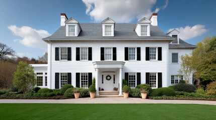 Obraz premium Elegant two story white house with black shutters, manicured lawn, potted plants, blue sky, classic architecture, residential home