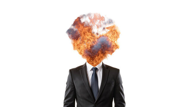 Man in suit with head replaced by explosion of fire and smoke, isolated on transparent background