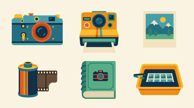 Flat vector set of vintage photography equipment and analog film camera icons