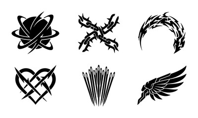 Obraz premium Tribal Tattoo Designs, Black Ink Symbols, Vector Icons Set: Heart, Wing, Globe, Chains, Abstract Shapes for Graphic Art and Branding