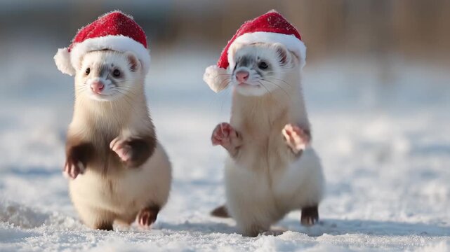 Two ferrets dancing upright in snow wearing Christmas hats partial clothing bright winter light crisp detail