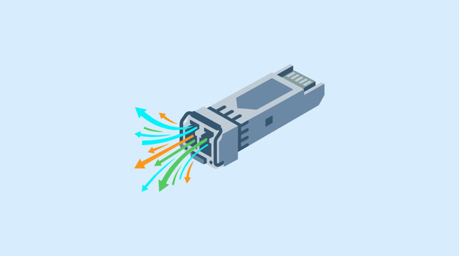 Isometric fiber optic SFP transceiver module emitting colorful data flow arrows on blue background
