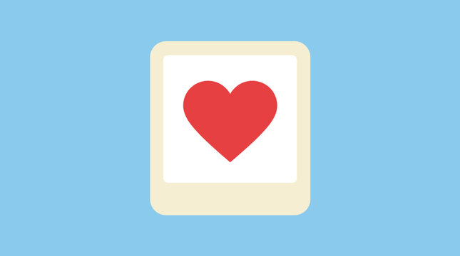 Minimalist red heart icon inside an instant photo frame isolated on light blue background
