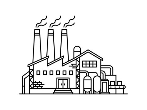 Industrial factory building with smoking chimneys in minimalist line art style