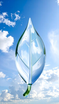 Shiny glass leaf with dewy reflections over cloudy sky creating optimistic eco tech mood generative AI