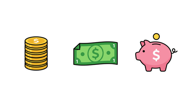Set of flat financial icons featuring gold coins banknote and piggy bank for savings and investment