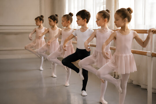 Young Children Practicing Ballet Together at the Barre