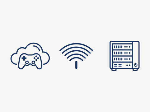 Cloud gaming icons representing wireless connectivity and data server technology infrastructure on plain background
