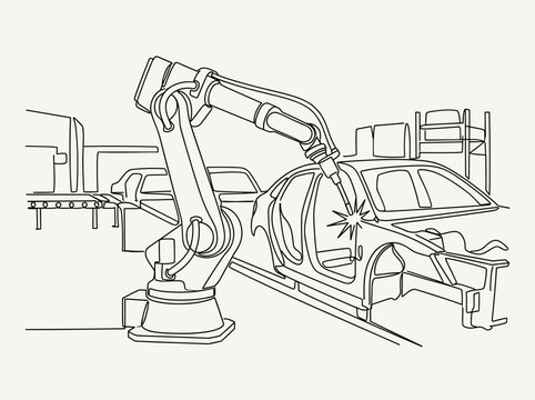 Minimalist continuous line drawing of industrial robotic arm welding car body in factory assembly plant