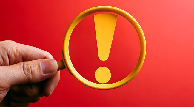 Someone holds a magnifying glass over a yellow exclamation sign on a red background. The lens makes the symbol appear larger for inspection