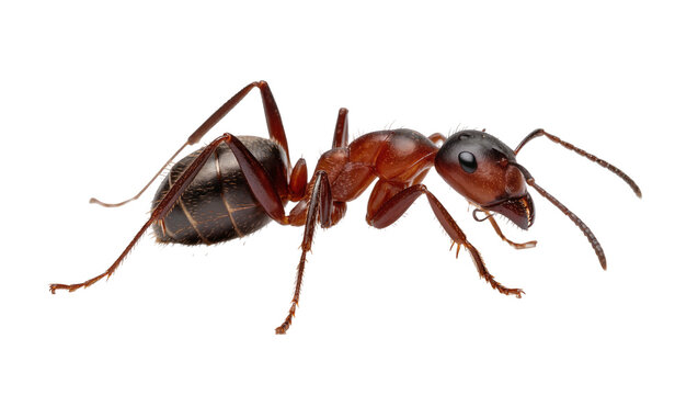Detailed macro view of a large red and black ant, isolated on transparent background