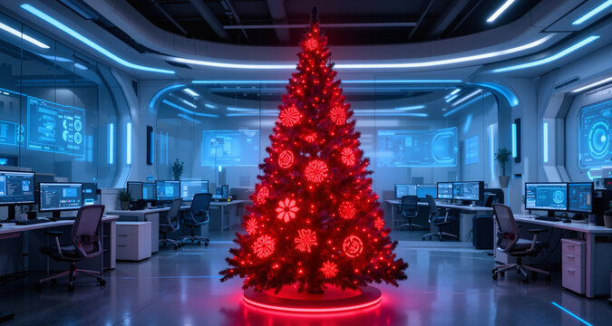 A futuristic AI company's office has a Christmas tree that responds to voice commands, changing the color and pattern of its red lights.
