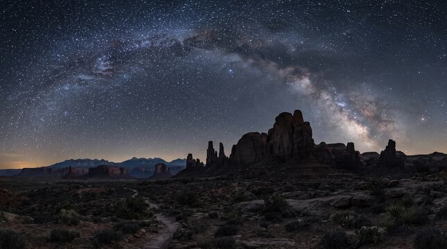 A tranquil celestial environment is created by the starry nite sky arching over craggy desert rock formations and far-off mountains.