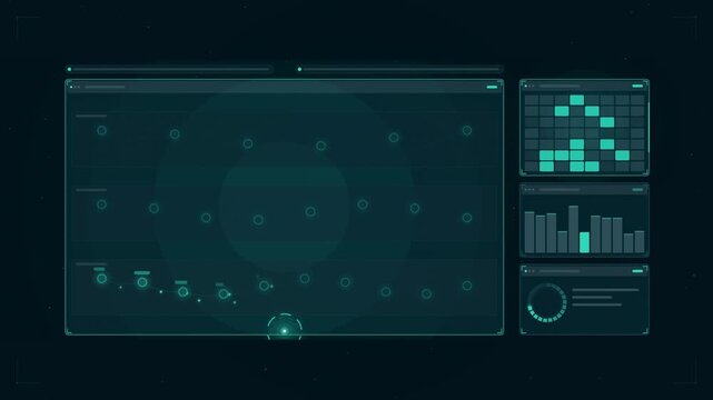 Abstract animated sensor network polling returning drawn as cyan and teal lines and shapes on a deep dark background. Seamless looping 4K motion graphics video with free space for text, ideal for tech