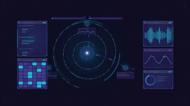 Abstract animated deep space network windows drawn as blue and cyan lines and shapes on a deep dark background. Seamless looping 4K motion graphics video with free space for text, ideal for technology