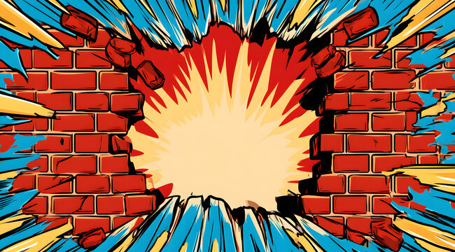 A Pop Art-style comic book illustration of an exploding hole in a brick wall, with a torn-down, exploded, and burst appearance, set in a comic book background