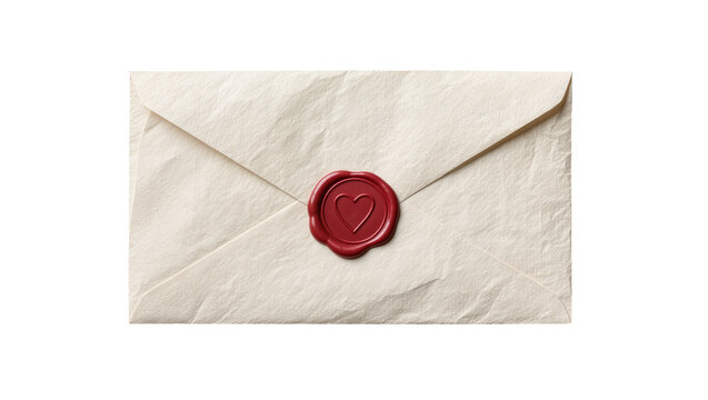 Cream colored envelope sealed with a red wax heart stamp, isolated on transparent background