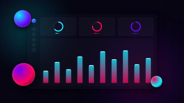 A vibrant digital interface displays glowing financial charts and colorful circular gauges to measure performance metrics for an advanced technological dashboard used by professional data
