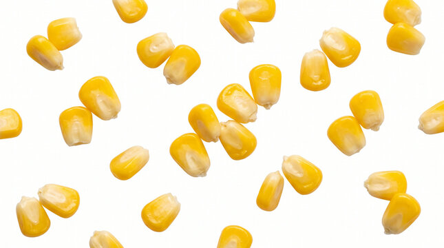 Fresh yellow corn kernels falling isolated on white background for food design.