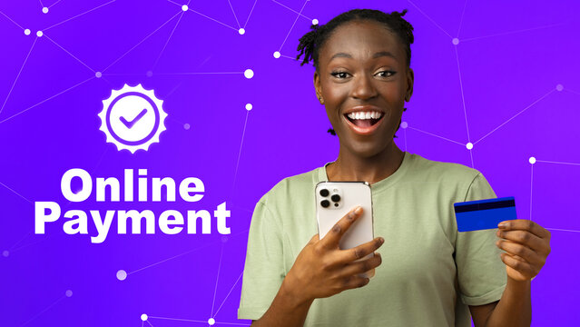 User makes online payment with a card and phone in a digital setting with a purple background