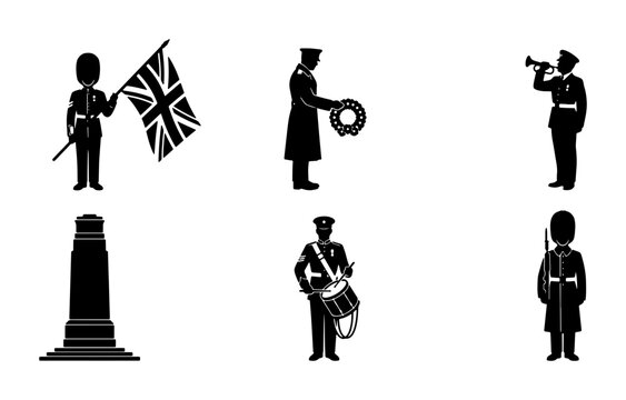 British Military Icons, Royal Guard Silhouettes, Ceremonial Figures, Union Jack Flag, Drummer, Bugler, Monument, Vector Set