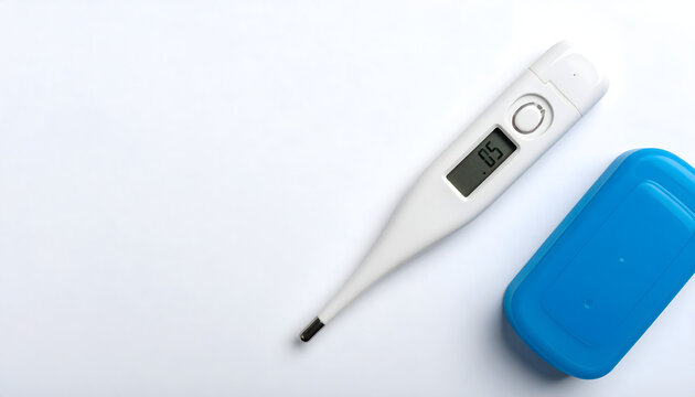 Thermometer lying on white background evoking simple and hygienic clinical medical device tech mood generative AI