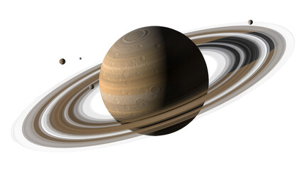 Saturn planet with multiple moons and prominent rings, isolated on transparent background © Florin