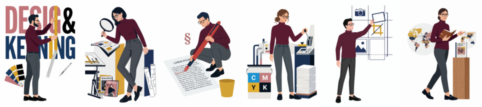 Vector illustration set depicting the professional creative design process from typography and kerning to printing, digital layout, and global marketing strategies.