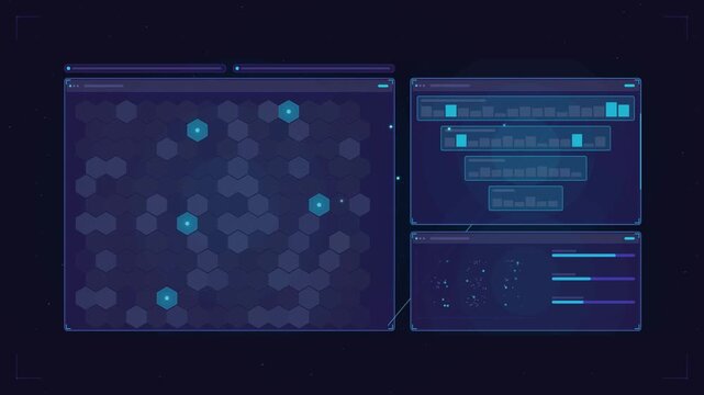 Abstract animated drug discovery molecules funnelling drawn as blue and cyan lines and shapes on a deep dark background. Seamless looping 4K motion graphics video with free space for text, ideal for m