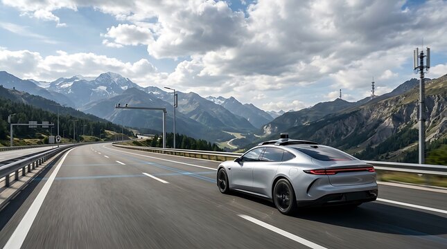 Silver autonomous car driving on a mountain highway with sensors on the roof during a cloudy day