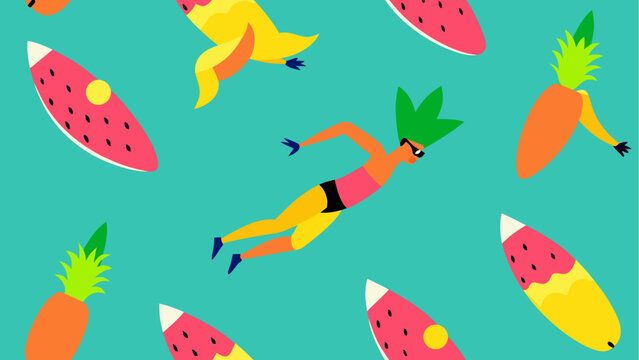 Person swimming with fruits in the summer