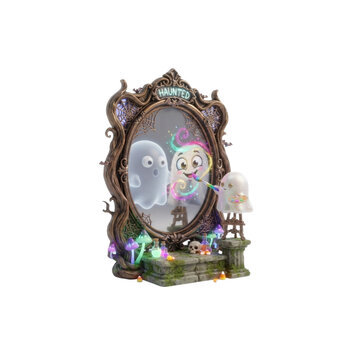 3D Haunted Mirror With a Tiny Ghost Painting Its Reflection, strange cute Halloween concept, polished 3D render, on white background