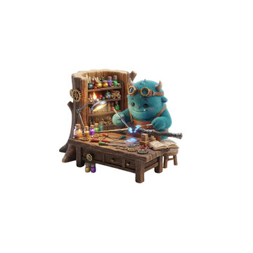 3D Tiny Monster Repairing a Broken Magic Wand With Tools, cute miniature workshop style, crisp vivid colors, on white background