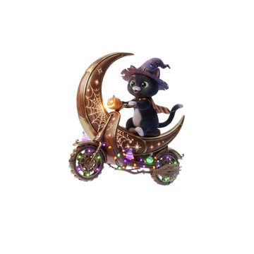 3D Witch Cat Riding a Giant Crescent Moon Scooter, whimsical Halloween concept, polished 3D render, on white background