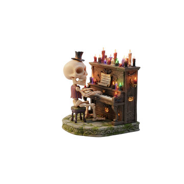 3D Skeleton Playing a Tiny Haunted Piano Covered With Candles, spooky cute collectible style, highly detailed, on white background