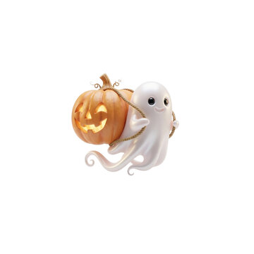 3D Ghost Wearing a Giant Pumpkin as a Backpack, cute surreal Halloween style, smooth rounded forms, on white background