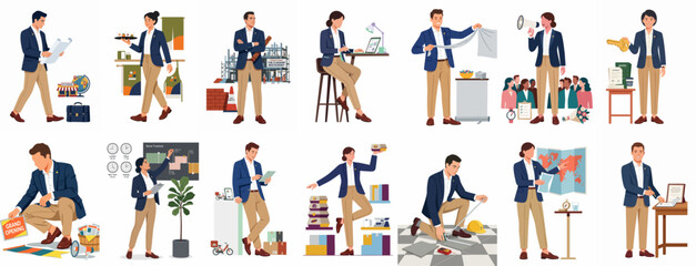 Fototapeta premium Collection of professional men and women characters engaged in various business, creative, and service-oriented workplace activities in flat vector style.