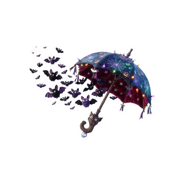 3D Haunted Umbrella With Tiny Bats Flying From Inside, whimsical Halloween object, crisp vivid colors, on white background