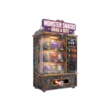 3D Haunted Vending Machine Selling Tiny Monsters Instead of Candy, cute surreal Halloween concept, on white background